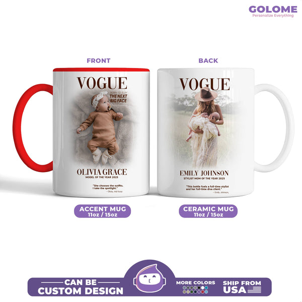 Custom VOGUE Style Mug for Mom & Baby – Personalized Photo, Name & Quote Gift